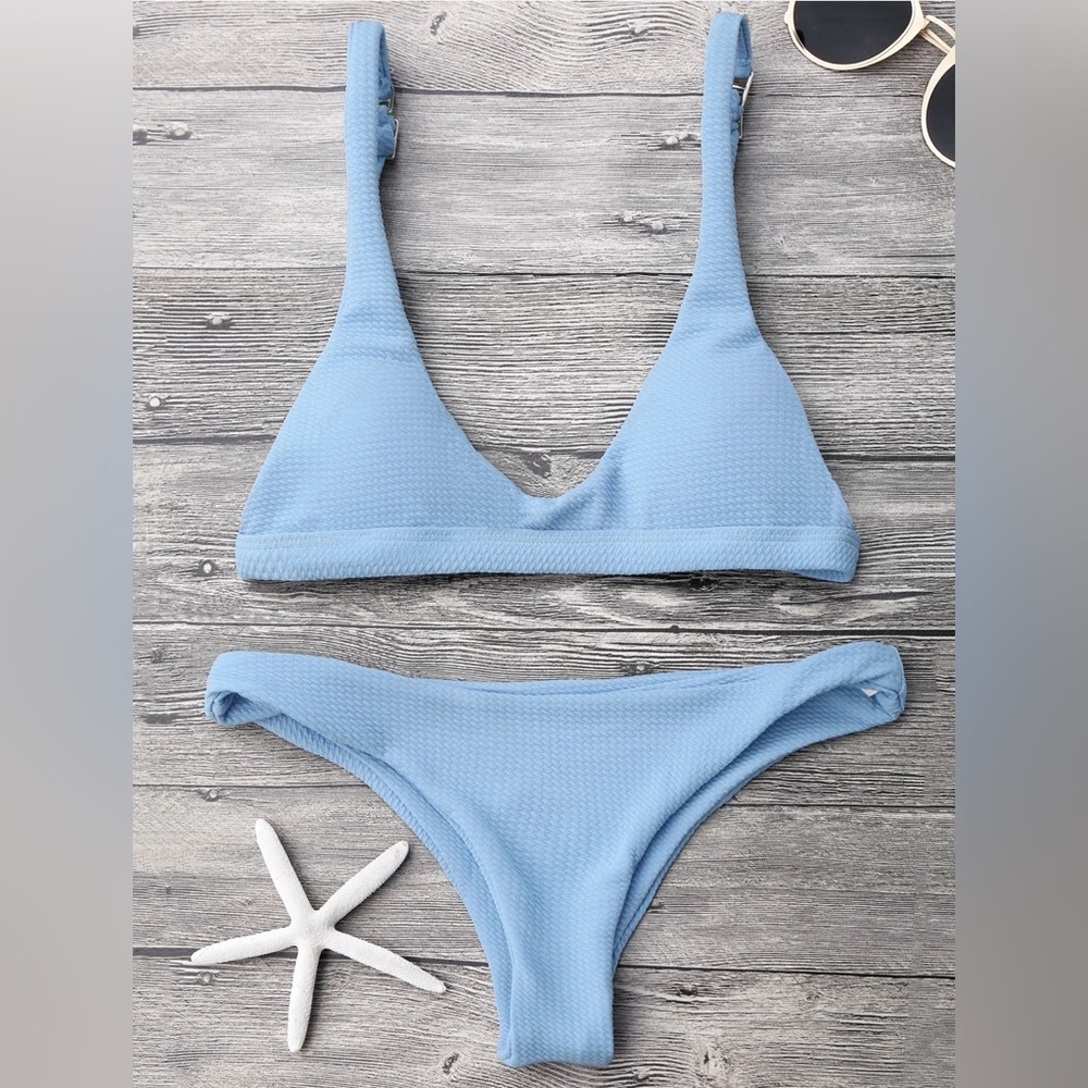 Low waisted padded scoop bikini set, light blue, M/6
